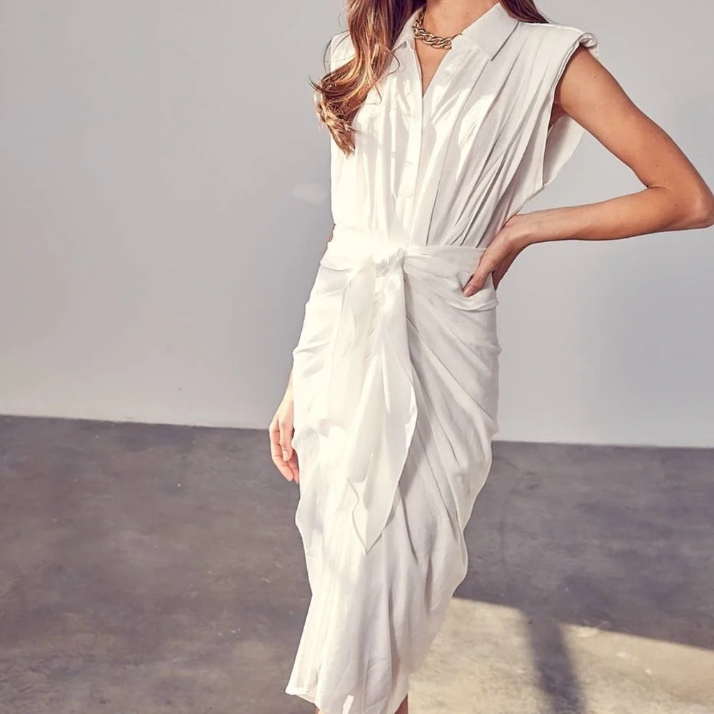 NWT White Button Up Shirt Dress With Power Shoulder - Picture 4 of 5